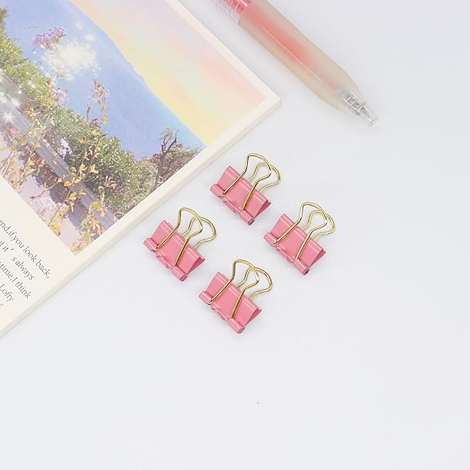 Pink Binder Clips, Gold Handles Mini Paper Clip, Small Paper Clamps 15mm (5/8 inch), 100 Pack Micro Size Office Clips for Home School and Business