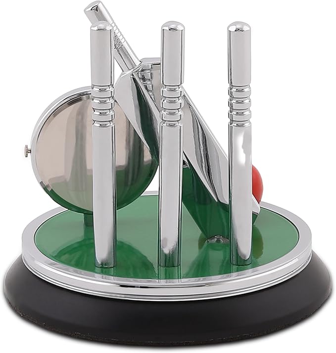 Metal Cricket Kit Style Table Clock, Silver Finish Clock with Bat, Ball & Stumps, Battery Operated Desk Showpiece, Paperweight for Office, Home Decor, Gift for Cricket Lovers