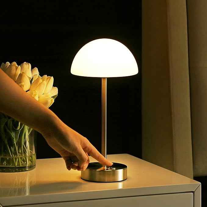 JONATHAN Y 12.5" Nickel Modern Rechargeable Portable LED Table Lamp, Cordless Dimmable Touch Accent Lamp with White Frosted Glass Shade for Bedroom Living Room Bar Vanity JYL7109A