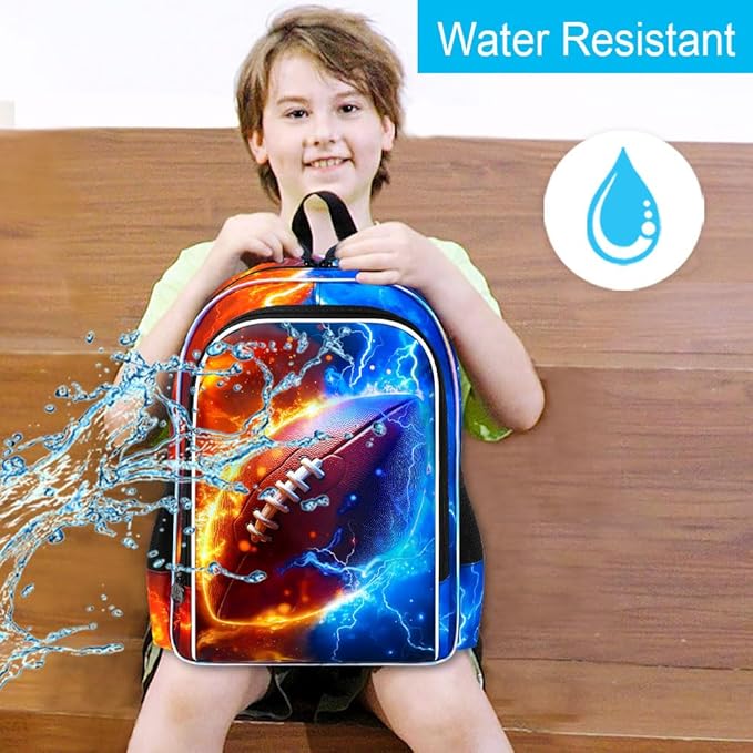 gxtvo 3PCS Boys Rugby Bookbag, 17" Kids Backpack with Lunch Box, Water Resistant Middle Elementary School Bag - Fire & Lightning Rugby