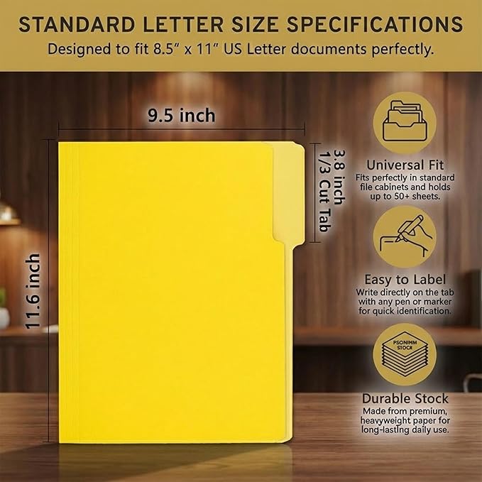 100 Packs Yellow File Folder,1/3-Cut Tabs,File Folders Letter Size,8.5x11 Inch File Folders for Office,School and Home,Folders for Documents