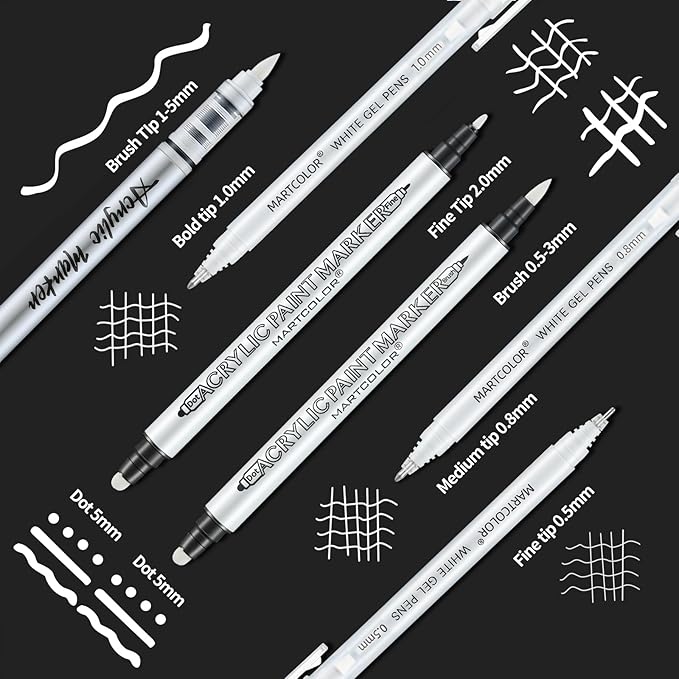 White Pens Set, 05/08/10mm Assorted Tip Opaque White Gel Pens Dual-Tip Acrylic Paint Pen Brush Tip Acrylic Markers for Black Paper Drawing, Sketching, Illustration, Card Making, 7 Pack