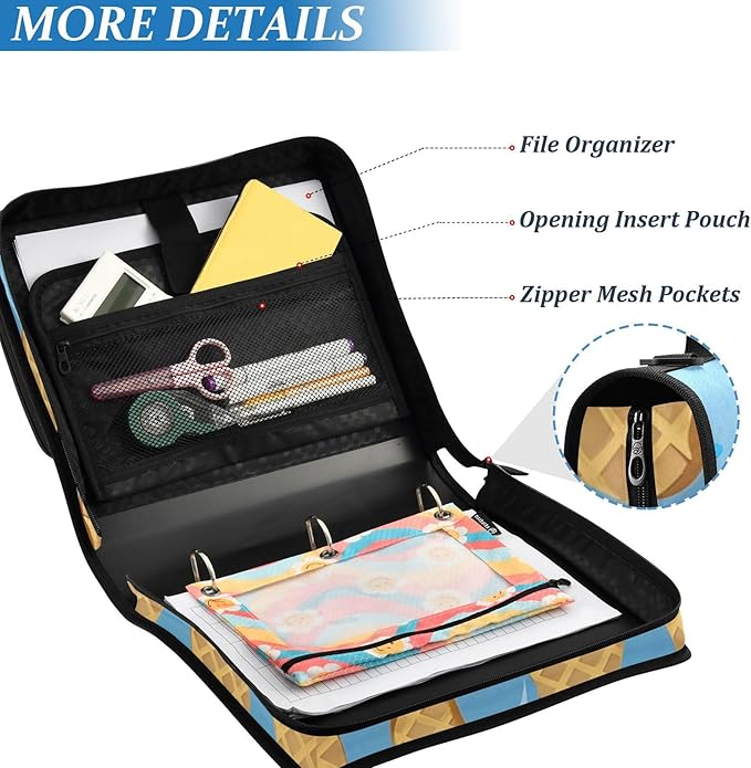 Blue Ice Cream Drip 3 Ring Zipper Binder with Shoulder Strap 1.5 inch Binders Keeper Large Capacity Multi Pockets for School Office Supplies