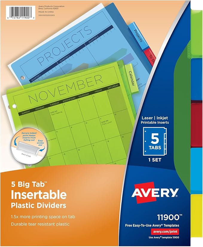 Avery Dividers for 3 Ring Binders, 5-Tab Plastic Binder Dividers, Insertable Big Tabs, Multicolor (24 Sets of 11900)