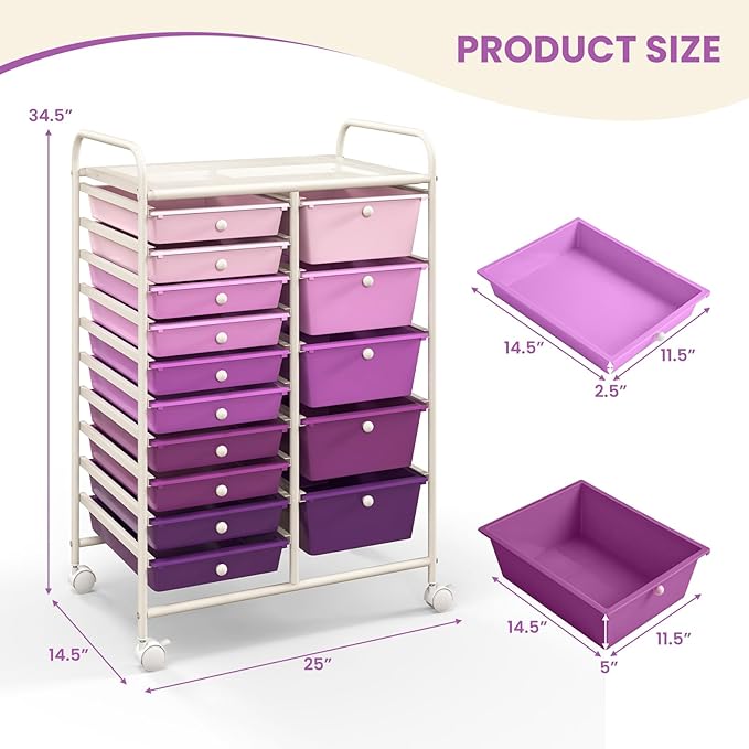 COSTWAY 15-Drawer Rolling Storage Cart, Mobile Utility Cart with Heavy-duty Frame & Lockable Wheels, Multipurpose Storage Organizer for Paper, Office, School, Purple Gradient