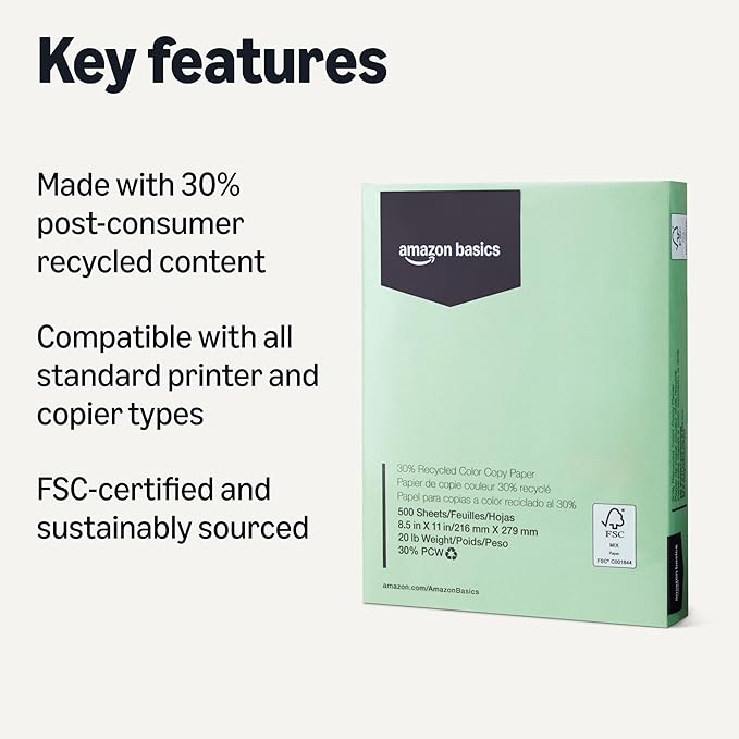 Amazon Basics 30% Recycled Color Copy Paper, 8.5" x 11", 20lb, 500 Sheets, Pastel Green