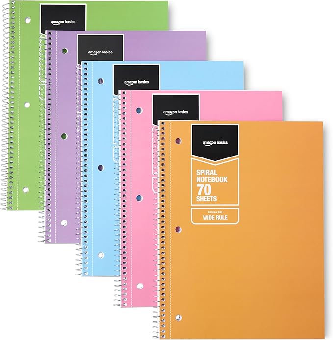 Amazon Basics Wide Ruled Spiral Notebook, For Work and School, 70 Sheets, 8" x 10.5", 5 pack, Assorted Pastel Solid Colors