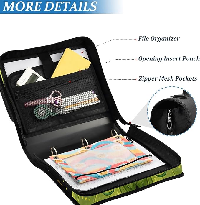 3 Ring Zipper Binder with Shoulder Strap Mystical Green Moon Moth Boho 1.5 inch Binders Keeper Large Capacity Multi Pockets for School Office Supplies