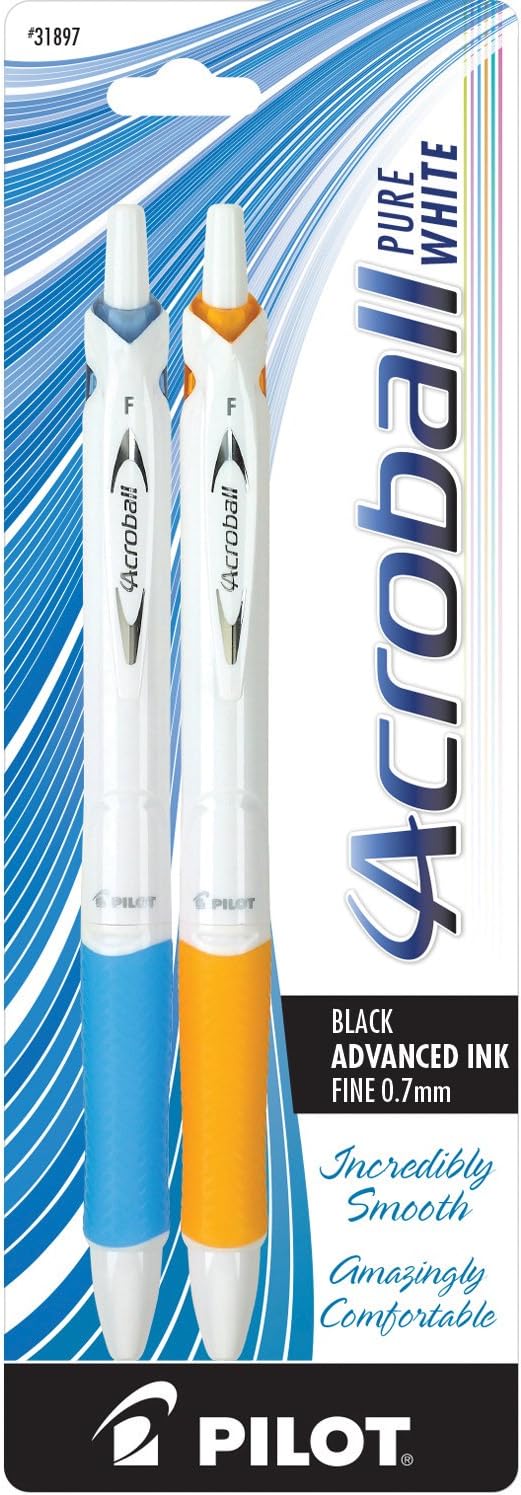 PILOT Acroball PureWhite Advanced Ink Refillable & Retractable Ball Point Pens with Silver Accents, Fine Point, Black Ink