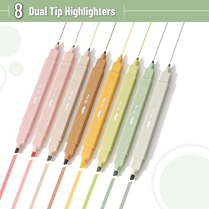 Mr. Pen- Dual Tip Aesthetic Highlighters, 8 pcs, Chisel & Fine Tips, Earthy Tones
