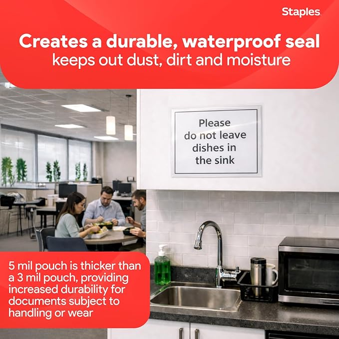 Staples Thermal Laminating Pouches, Letter Size, 9 x 11.5 Inches, 5 Mil, 100/Pack, for Office & School Use