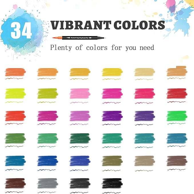 Coloring Markers Pens, 34 Dual Tip Brush Pens, Fine Point Marker set for Adult Coloring Book, Bullet Journaling, Drawing