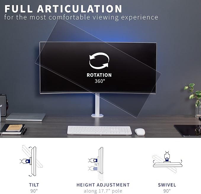 VIVO Single 13 to 38 inch LCD Monitor Heavy Duty Desk Mount Stand, Holds 1 Standard to Ultrawide Screen up to 38 inches, White, STAND-V001CW