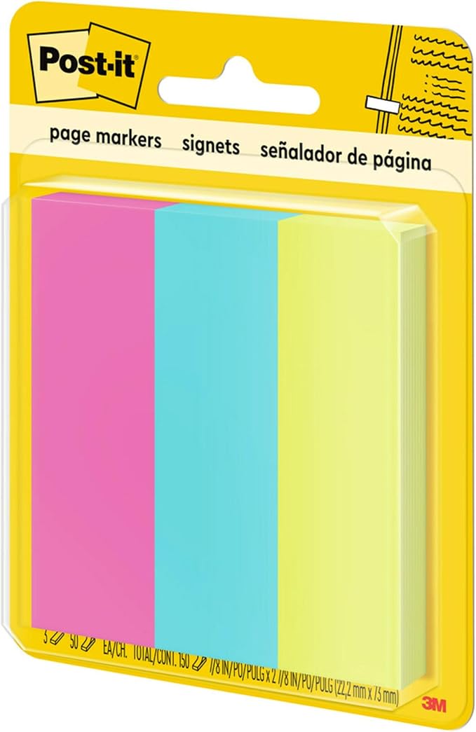Post-it Sticky Page Markers, Assorted Bright Colors, 7/8″ x 2-7/8″ Repositionable Tabs, Writable Sticky Strips for Books & Documents, 3 Pads (50 Sheets Each), 150 Markers Total