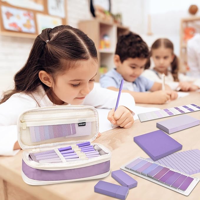 ChezAbbey 47Pcs Aesthetic School Supplies with Pencil Pouch - Cute College Essentials Set, Big Capacity Pen Case, Pastel Highlighters, Bible Study Journaling Stationary Kit (Purple)