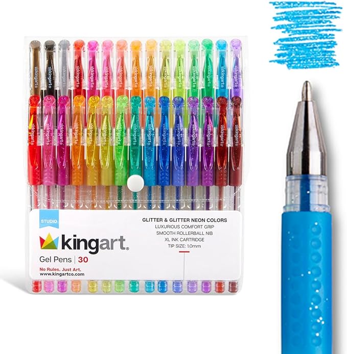 KINGART GLITTER Rollerball GEL PENS, 30 Sparkling Colors with Soft-Grip Comfort, XL Ink Cartridge - For Coloring, Doodling, Scrapbooking, Journaling and General Use, All Ages, 30 Pens
