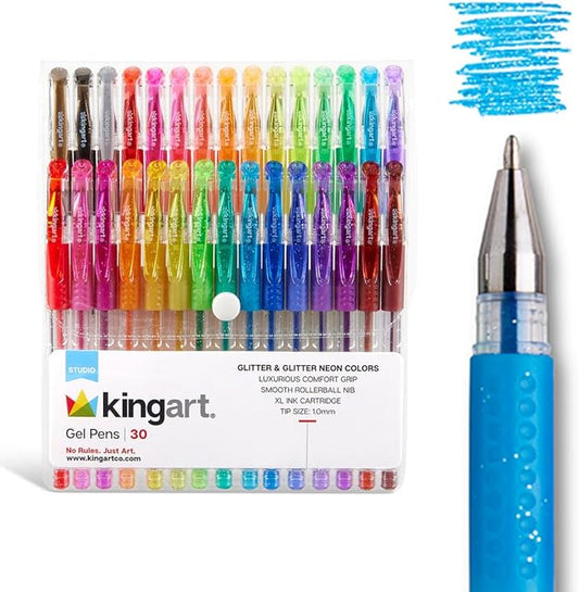KINGART GLITTER Rollerball GEL PENS, 30 Sparkling Colors with Soft-Grip Comfort, XL Ink Cartridge - For Coloring, Doodling, Scrapbooking, Journaling and General Use, All Ages, 30 Pens