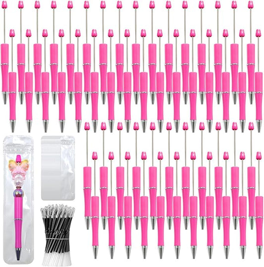 300 Pieces DIY Beadable Pen Kit – 100 Plastic Ballpoint Pens with Refills & Bags – School Supplies, Office Accessories & Decorative Items for Students & Teachers (Rose Red)
