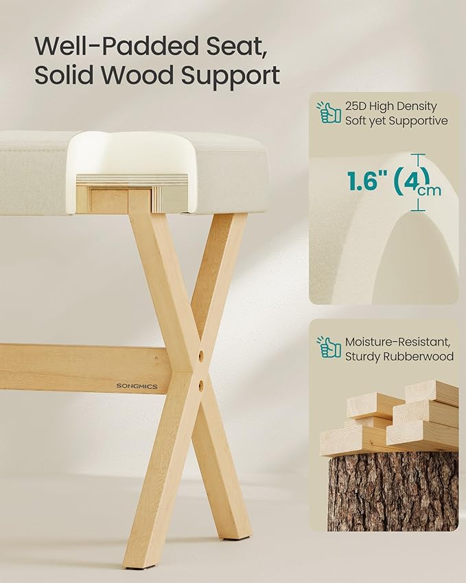 SONGMICS Makeup Stool, Padded Vanity Stool, Foot Rest, Solid Wood X Legs, for Bedroom, Closet, Entryway, 12.6 x 16.5 x 18.1 Inches, Summer Sand and Brown ULSF006LF01