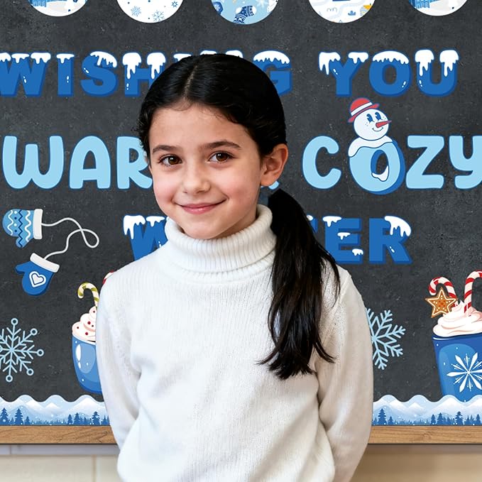 Aposwow Winter Bulletin Board Decorations - Christmas Hot Cocoa Holiday Classroom Decorations Set Wish You A Warm Cozy Winter Paper Cutouts Bulletin Board Decor School Office Wall Decor Supplies