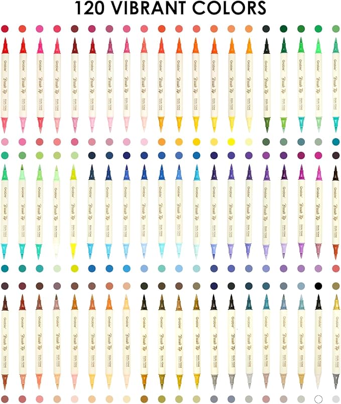 Grabie 120 Colors Dual Tone Brush Tip Acrylic Markers, Dual-Color Paint Markers with 60 Brush Tips, Double Tipped Acrylic Paint Pens for Fabric, Canvas,DIY, Canvas Art Supplies, Set of 60