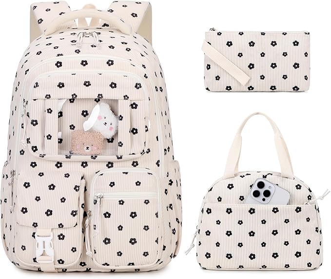 Corduroy Backpack 3PCS Kids Backpack for Girls School Bags for Middle School Students Book Bag for Elementary Primary Kawaii Ita Backpack with Lunch Box Pencil Case Set, Flower