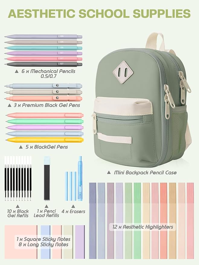 51 PCS Aesthetic School Supplies with Cute Pencil Case, 12 Pastel Highlighters, 8 Quick Dry Retractable Black Ink Pens, 6 Pastel Mechanical Pencil Student Stationary Bible Study Supplies(Beige Green)