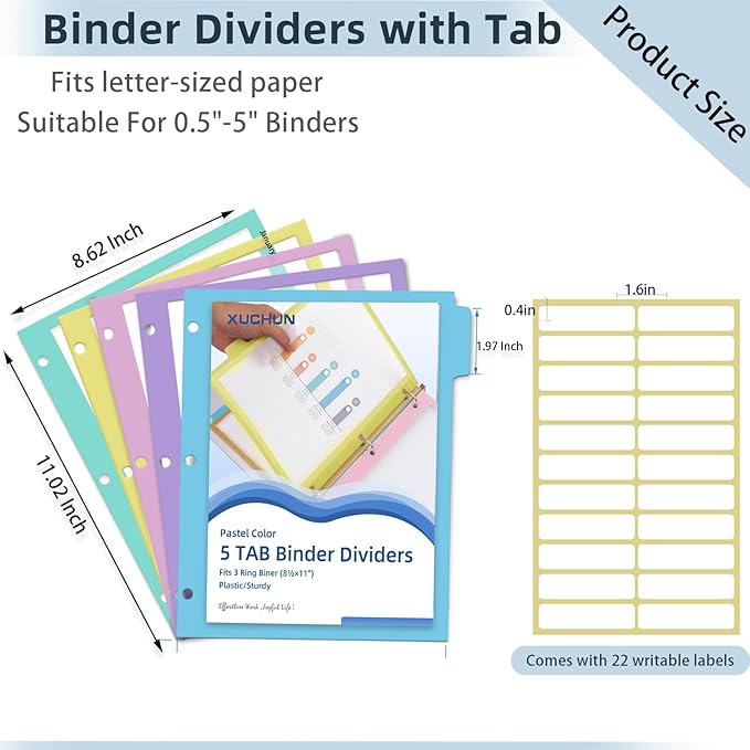 30Pcs/6 Set 5 Tab Clear Plastic Binder Dividers with Tab,for 3 Ring Binder,Customizable Labels, Multicolor, Durable & Tear-Resistant