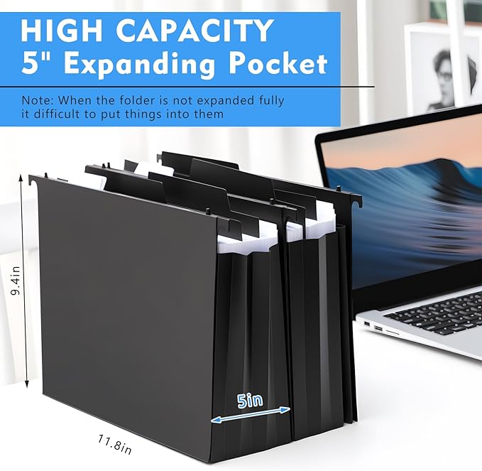 10 Pcs Plastic Extra Capacity Hanging File Folders, 5 Inch Expanding Pocket with Movable Dividers, Letter Size Black File Folders with Insertable Tabs for Filing Cabinet