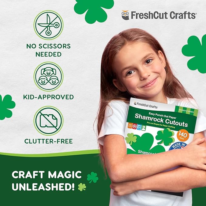 FreshCut Crafts 140 Piece Shamrock Cutouts Set: Pre-Cut Green Irish Clover Shapes for School Supplies, Decorating Themed Events Bulletin Board & St. Patrick's Day Decor, US Made Quality Card Stock