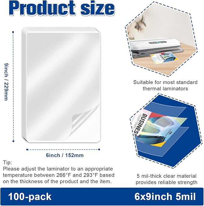 100 Pack Lamination Pouches 6" x 9" 5 mil Clear Index Card Laminating Pouches File Card Laminating Pouches Thermal Laminate Pouch Tags for Work Permits Pass Cards Student ID Cards