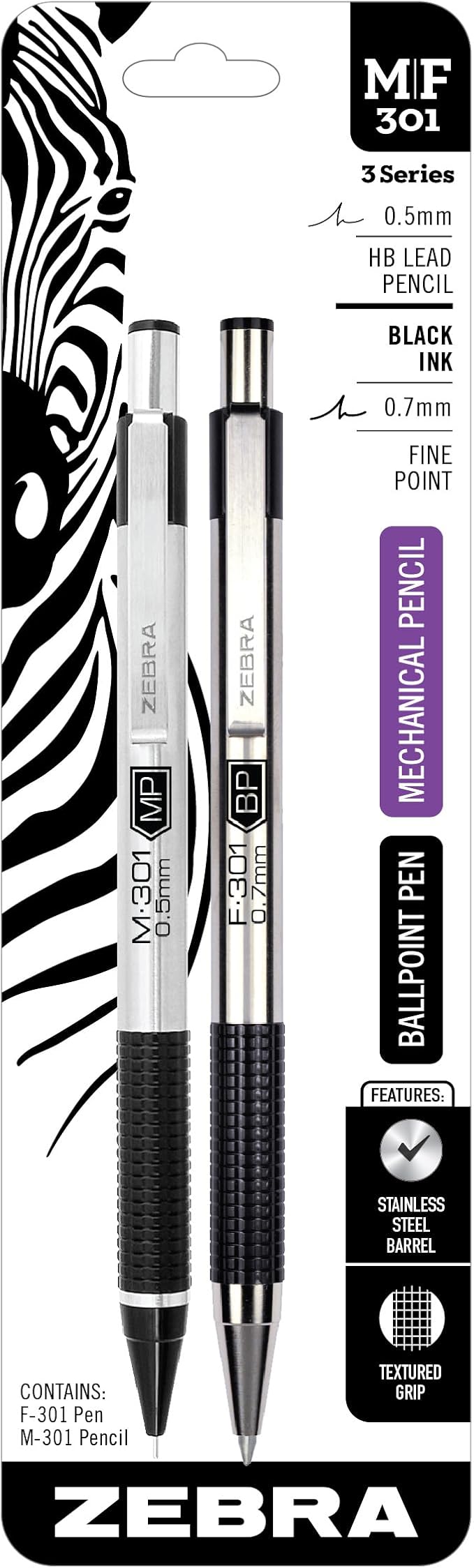 Zebra Pen Stainless Steel Writing Set, M-301 Mechanical Pencil and F-301 0.7mm Ballpoint Black Ink Pen, Ideal for Note-Taking, Sketching and Journaling, 2-Pack (57011)