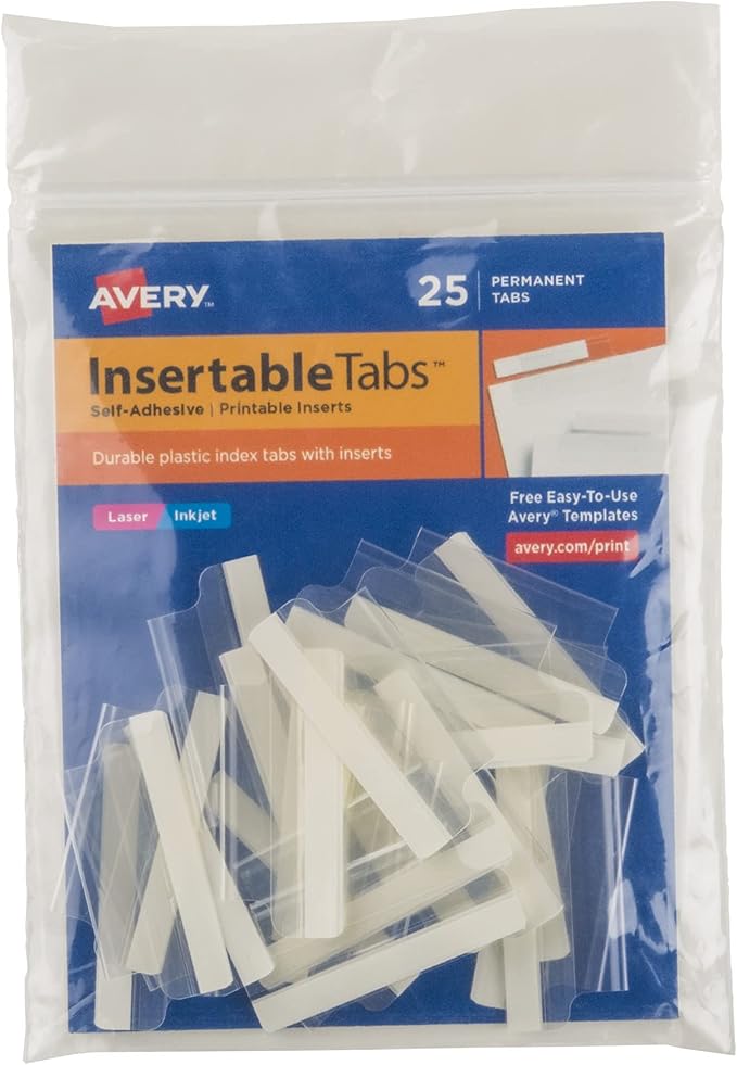 Avery Index Tabs with Printable Inserts, 1-1/2", Self-Adhesive, 25 Tabs Total (16230)