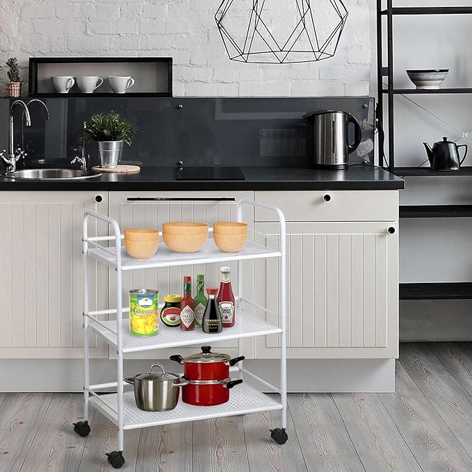 Yaheetech 3 Tier Durable Metal Multi-Purpose Rolling Utility Cart, Rolling Storage Craft Cart Kitchen Cart with Handle and Locking Wheels for for Office Bathroom Kitchen Laundry, White