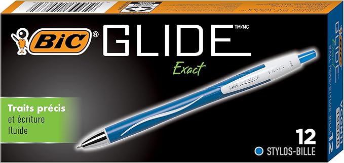BIC Glide Exact Blue Retractable Ballpoint Pens, Fine Point (0.7mm), 12-Count Pack, Ultra Smooth Writing Blue Pens