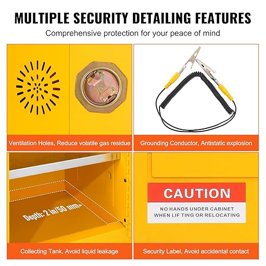 VEVOR Flammable Safety Cabinet 43.1 x 18.1 x 50.1, Cold-Rolled Steel Flammable Liquid Storage Cabinet 34 Gal with 2 Adjustable Shelves/2 Manual Closing Doors for Industrial Use, Yellow