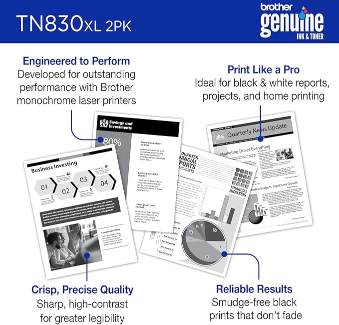 Brother Genuine TN830XL 2PK Black High Yield Printer Toner Cartridge 2-Pack – Print up to 3,000 Pages Each(1)