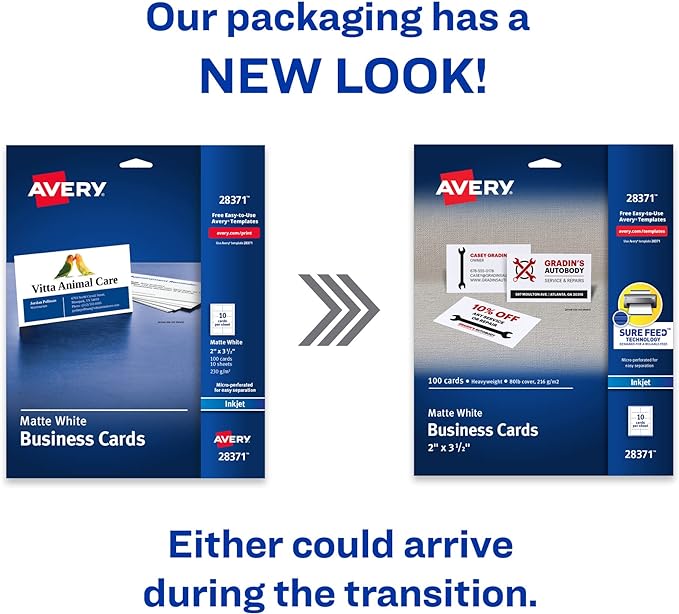 Avery Printable Business Cards with Sure Feed Technology, 2" x 3.5", White, 100 Blank Cards for Inkjet Printers (28371) (Pack of 2)
