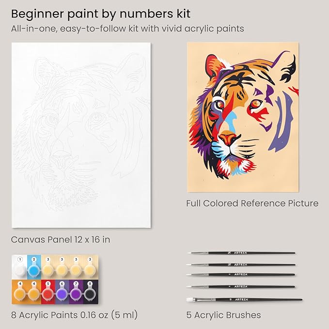 ARTEZA Paint by Numbers Kit, 12x16 Inches, 21 Pieces, Tiger Canvas Painting Kit, Canvas Panel, 12 Acrylic Paint Pots, 5 Paintbrushes, Art Supplies for a Meditative and Calming