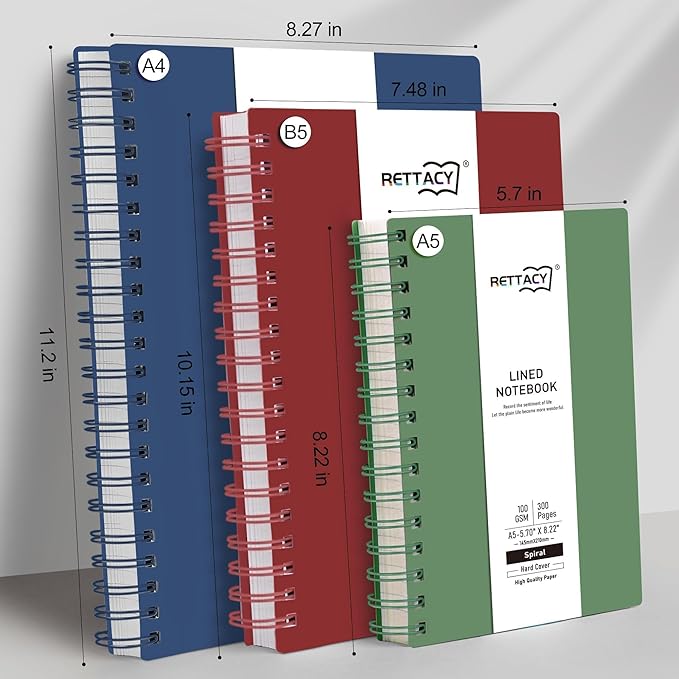 RETTACY Spiral College Ruled Notebook, 300 Pages, A4 Large Size (8.2" x 11.2"), for School, Work, Writing, Journaling, 100 GSM Thick Paper, Flexible Plastic Cover (Dark Green)