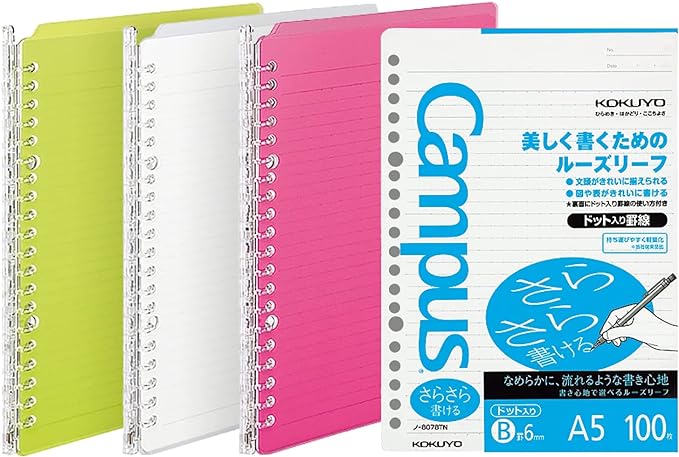 Kokuyo Campus 3 Pack Spiral Binder Notebooks, A5 Refillable Notebooks Smart Ring Binder 25 Sheets Capacity Each, with 100 Sheets 6mm Dot Ruled Filler Paper, Ideal for Work, Study & Journal,Vivid Color