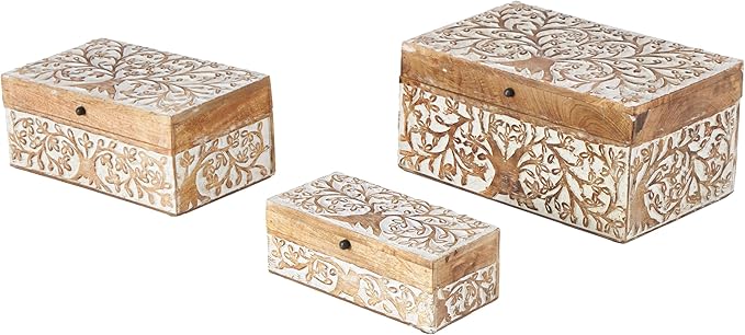 Deco 79 Mango Wood Floral Decorative Box Decorative Keepsake Boxes with Hinged Lid, Set of 3 Storage Boxes 8", 10", 12"W, Brown