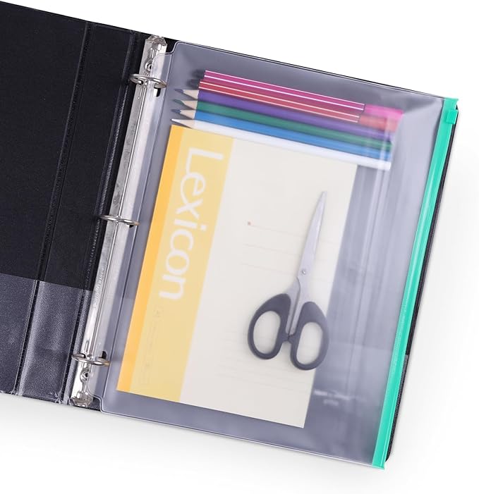YoeeJob 3 Holes Clear PVC Zipper Binder Pocket Insert Pages Letter Size, 8 1/2" x 11 Loose Leaf Binder Filing Storage Bags 15 Packs (5 Color)