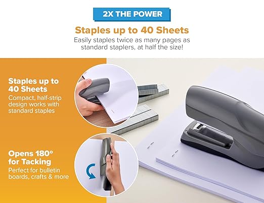 Bostitch Office Heavy Duty 40 Sheet Stapler with 1250 Staples & Claw Remover, Small Stapler Size, Fits into The Palm of Your Hand, Value Pack, Gray (B175-GRAY-VP)