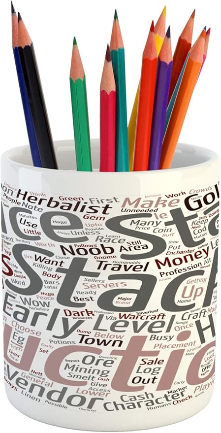 Ambesonne Video Game Pencil Pen Holder, Arrangement of Words Noob Guide Text Wordcloud Concept at Role Playing Game, Printed Ceramic Pencil Pen Holder for Desk Office Accessory, White Gray Pink