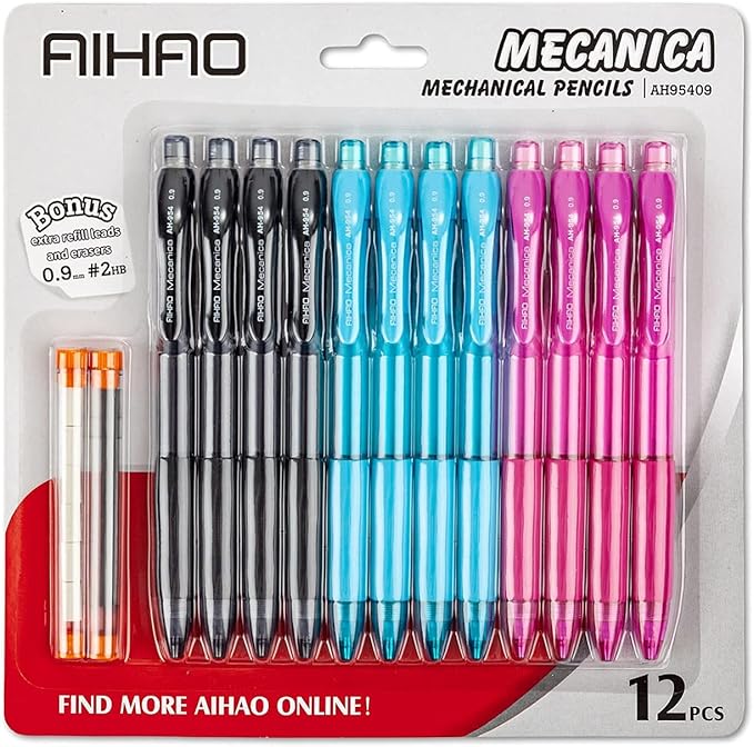 AIHAO Mechanical Pencils, 0.7mm, 12 pack with refillable Lead and Erasers, Assorted Barrel Colors, for School, Office Writing, Drawing, Sketching