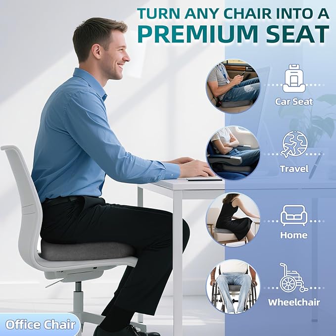 Seat Cushion for Office Chair Memory Foam Coccyx Pain Relief Cushion Pillow for Back Support Non-Slip Seat Pad for Office Desk (Grey)