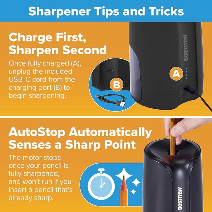 Bostitch Portable Rechargeable Battery Vertical Pencil Sharpener Helical Blade for No.2/Colored Pencils, Black