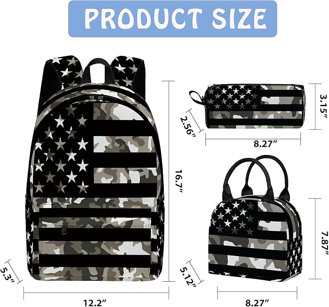 Flag 3PCS Backpack Set for Teens Elementary Middle High School, 17 Inch Lightweight Classic Bookpack 3 in 1 Set for Girls Boys, Kids Back to School Backpack with Lunch Box Pencil Case