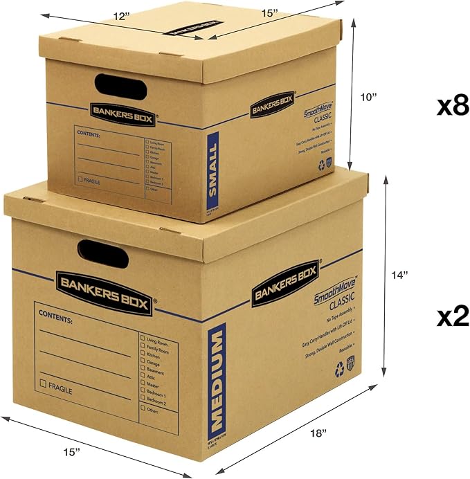 Bankers Box Classic Moving Box 10 Pack Kit, Reinforced Handles, Tape-Free Assembly, Box with Lid, 8 Small and 2 Medium Boxes (8816901)